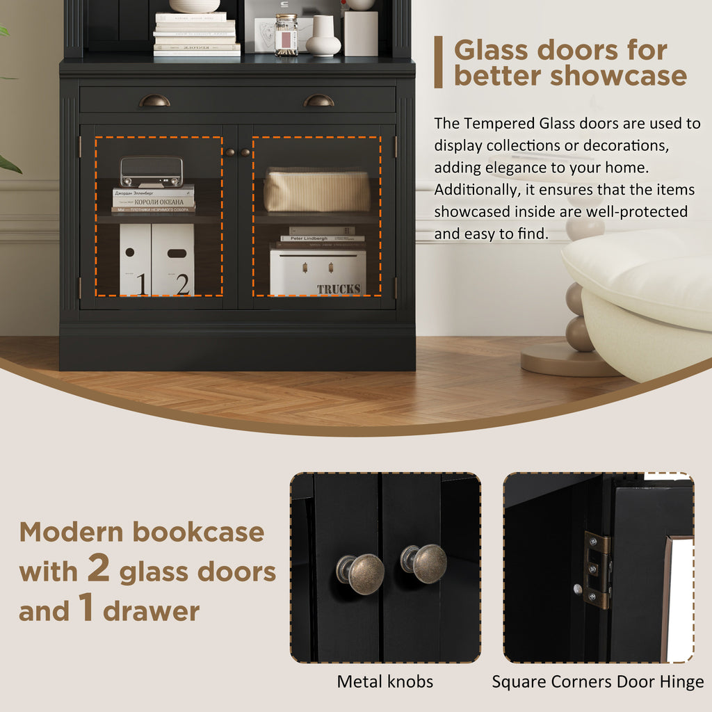 83.4'Tall Bookshelf with 3 pieces LED Lighting, Modern Bookcase with 2 Glass Doors and 1 Drawer,Storage Bookcase with Open Sh