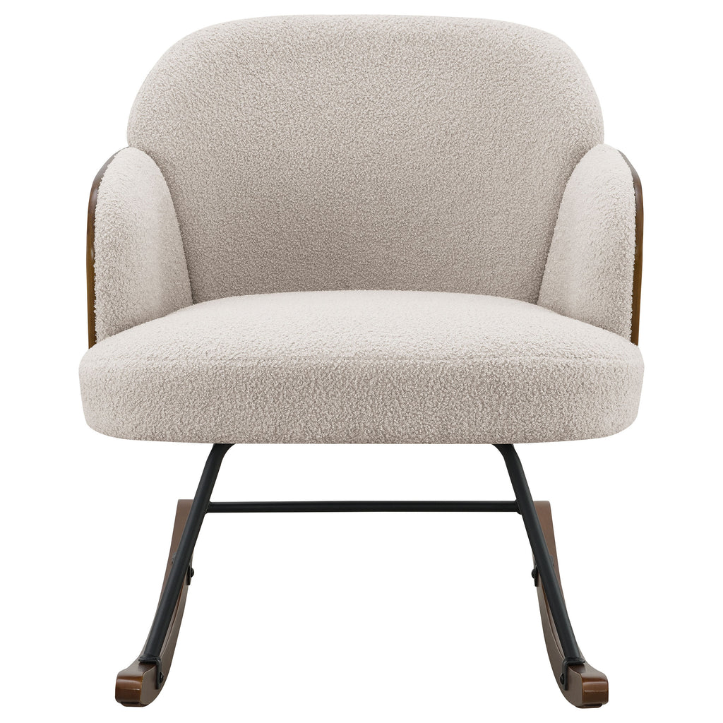 Valera Beige Boucle Upholstered Mid Back Rocking Chair with Walnut-Finished Frame and Wooden Rockers - Grand Goldman Shop