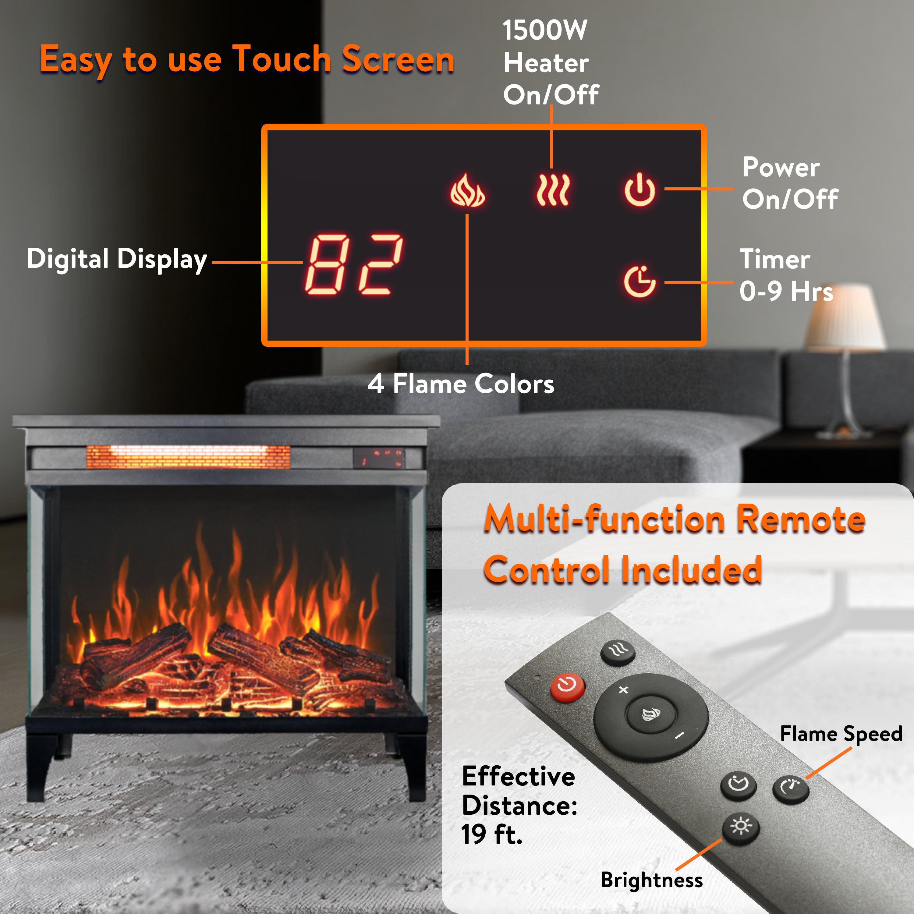 24 inch three sided glass electric fireplace with feet - Grand Goldman Shop