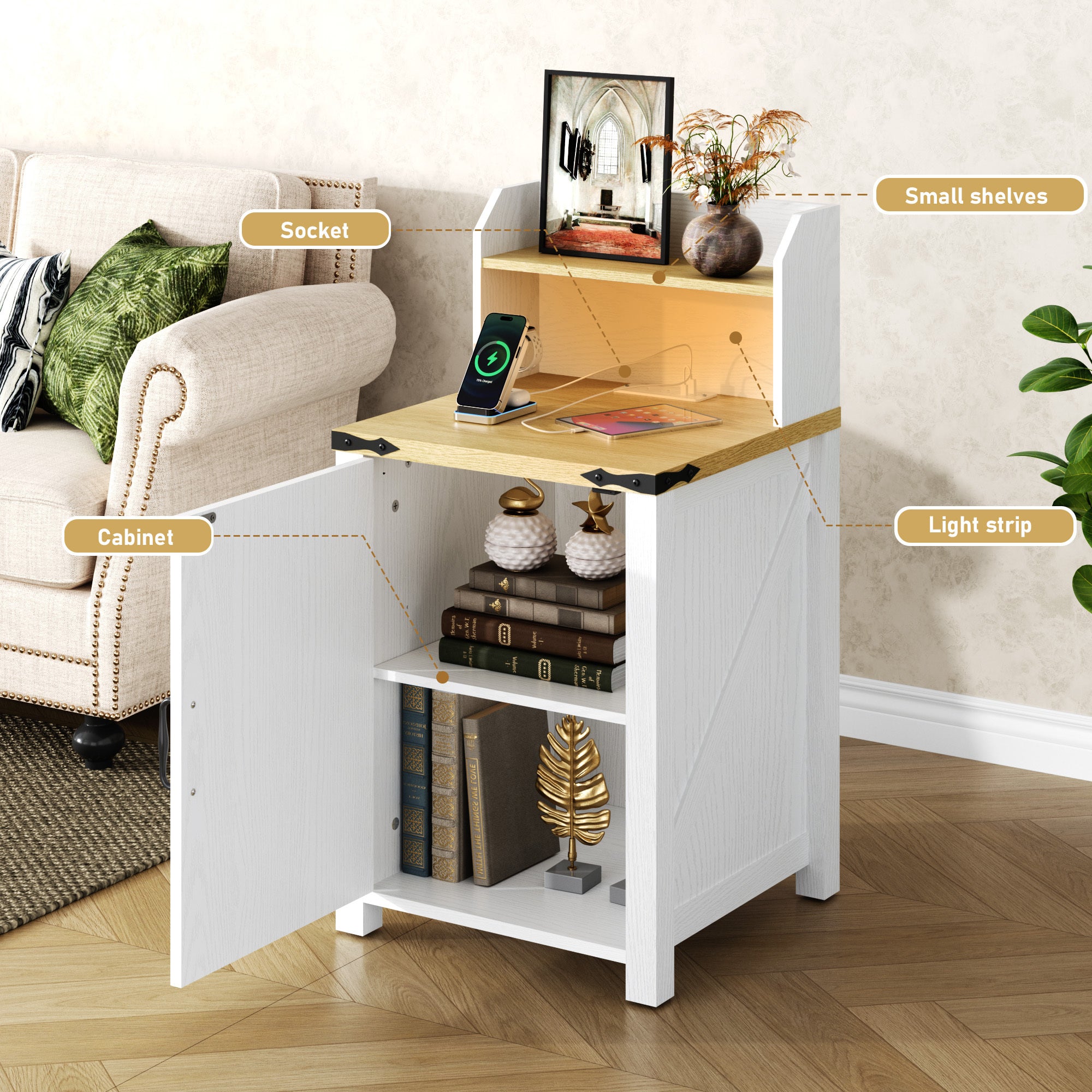 OKD Nightstand with Charging Station, 18 Inch Farmhouse End Table with Barn Door and Adjustable Storage Shelf, Rustic Wood Sofa Side Table w/Magnetic Door for Living Room, Bedroom, Antique White - Grand Goldman Shop