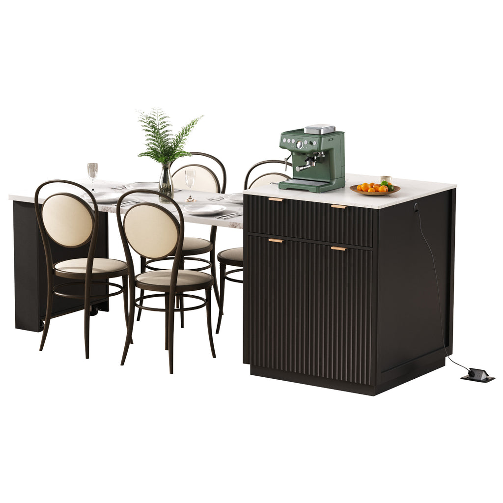 K&K 82.6' Fluted Kitchen Island with Extendable Dining Table for 4-6, Island Table for Kitchen with Power Outlet, Kitchen Table with Double-Side Storage, 2 Drawers 2 Side Open Shelves, Black - Grand Goldman Shop