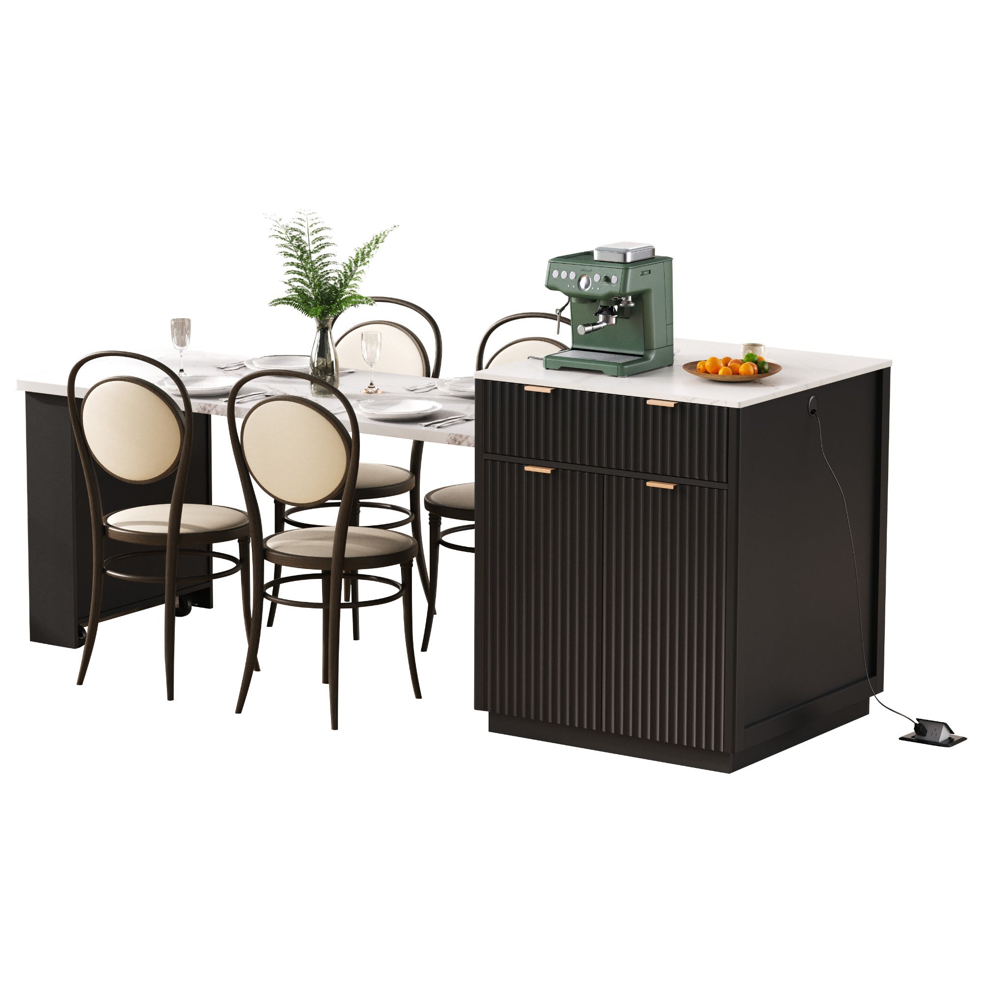 K&K 82.6' Fluted Kitchen Island with Extendable Dining Table for 4-6, Island Table for Kitchen with Power Outlet, Kitchen Table with Double-Side Storage, 2 Drawers 2 Side Open Shelves, Black - Grand Goldman Shop