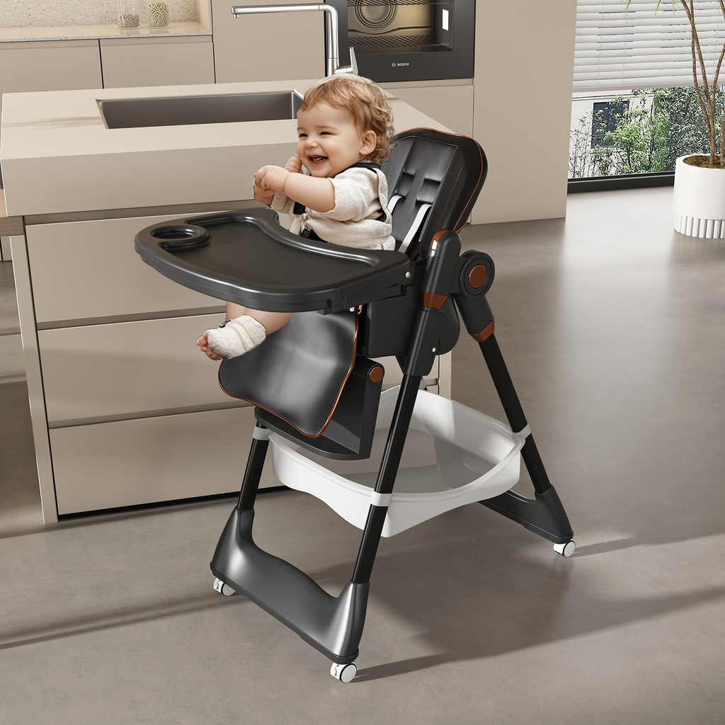 Adjustable Baby High Chair 0-6 Years – Portable Infant Feeding Seat with Safety Belt, Silent Lockable Wheels, Black - Grand Goldman Shop