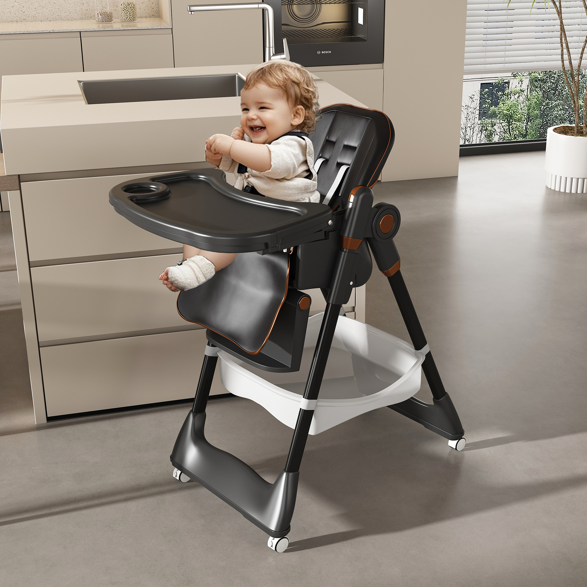 Adjustable Baby High Chair 0-6 Years – Portable Infant Feeding Seat with Safety Belt, Silent Lockable Wheels, Black - Grand Goldman Shop