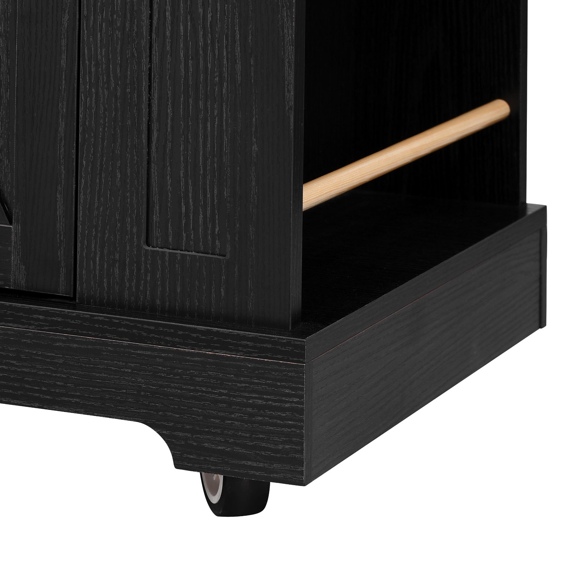 K&K 53'' Farmhouse Kitchen Island with Two Tempered Glass Cabinet Doors, Power Outlet, Rolling Kitchen Cart on Wheels with Drop Leaf, 5 Open Side Racks, 3 Drawers, for Kitchen, Dining Room, Black - Grand Goldman Shop