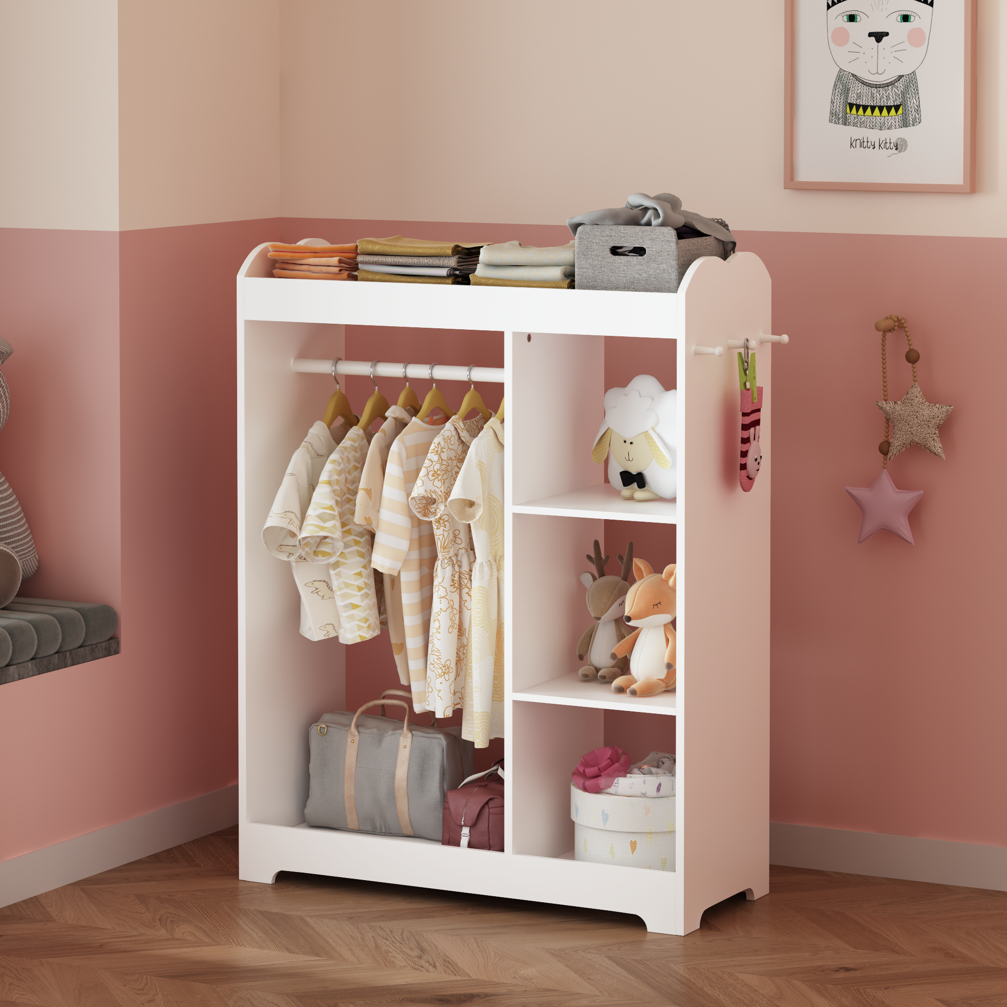 Kids Dress Up Storage with Mirror and Hooks, Wooden Dress Up Clothes Rack with Hanging Rod, 3 Side Hooks, Storage Shelves and