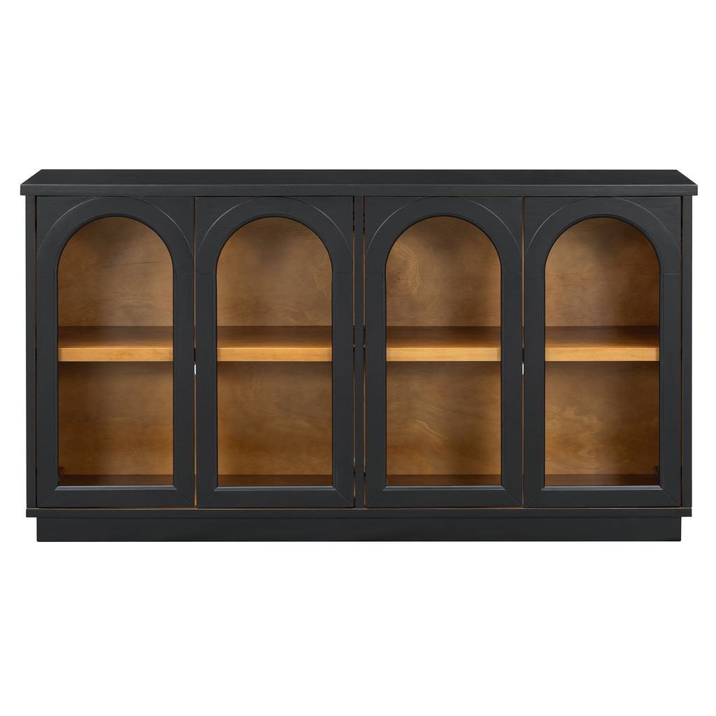 TREXM 4-Door Large Storage Buffet Cabinet with Glass Doors, Arched Cabinet with Adjustable Shelves for Kitchen, Dining Room and Living Room (Black) - Grand Goldman Shop