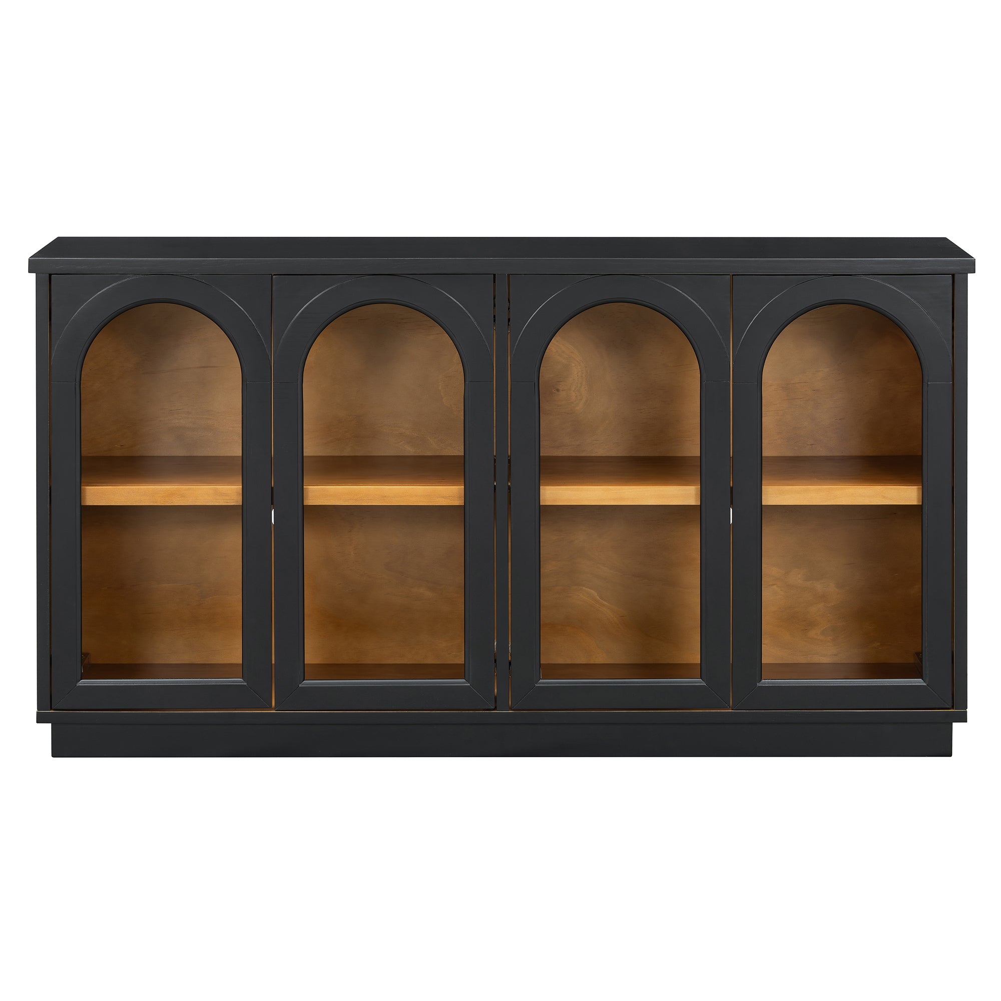 TREXM 4-Door Large Storage Buffet Cabinet with Glass Doors, Arched Cabinet with Adjustable Shelves for Kitchen, Dining Room and Living Room (Black) - Grand Goldman Shop