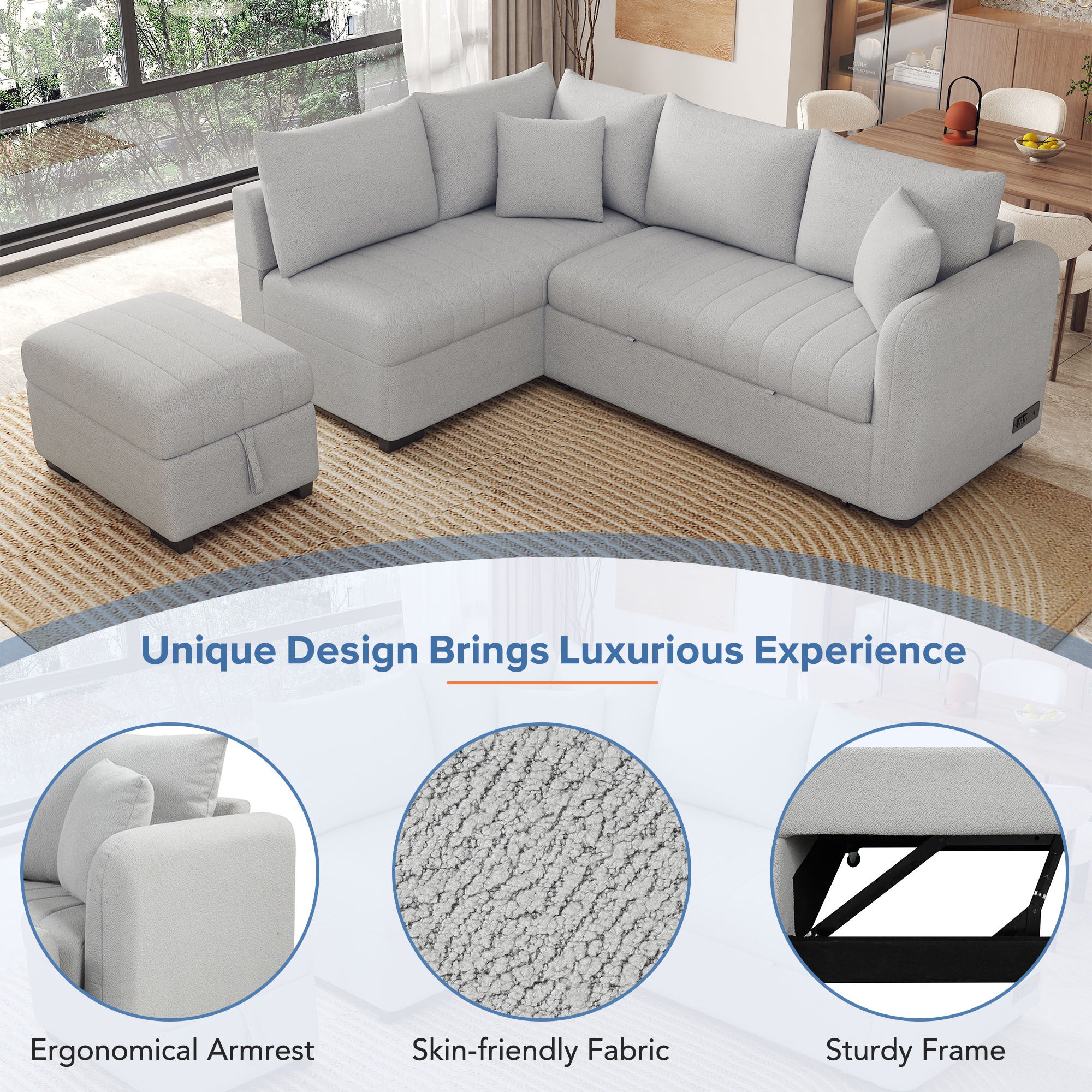 Modern L-shaped Sectional Pull Out Sofa Bed with USB Ports & Storage Ottoman, Gray Jacquard Fabric, 82.6' - Grand Goldman Shop