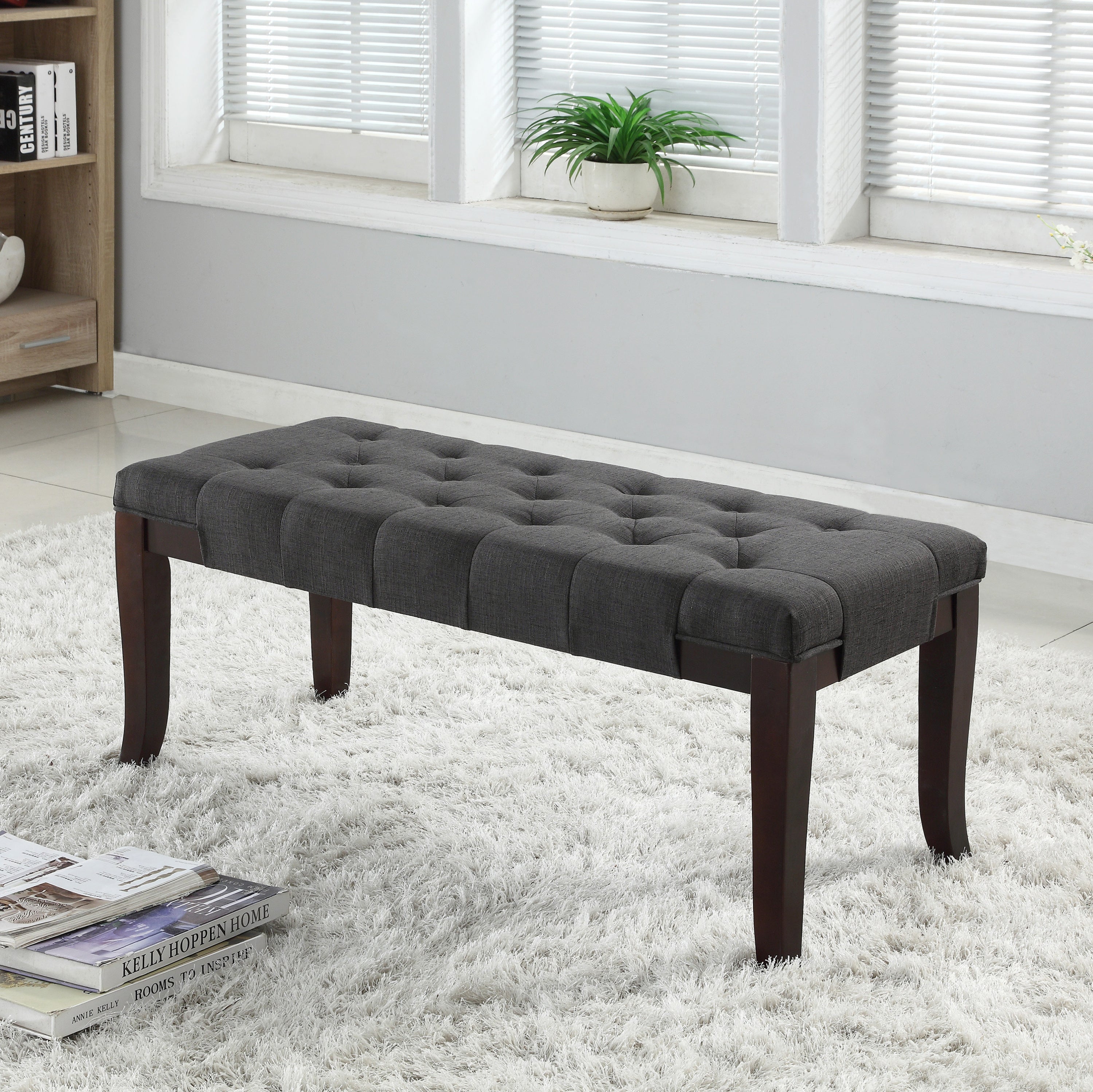 Linon Tufted Bench, Fabric, Gray - Grand Goldman Shop