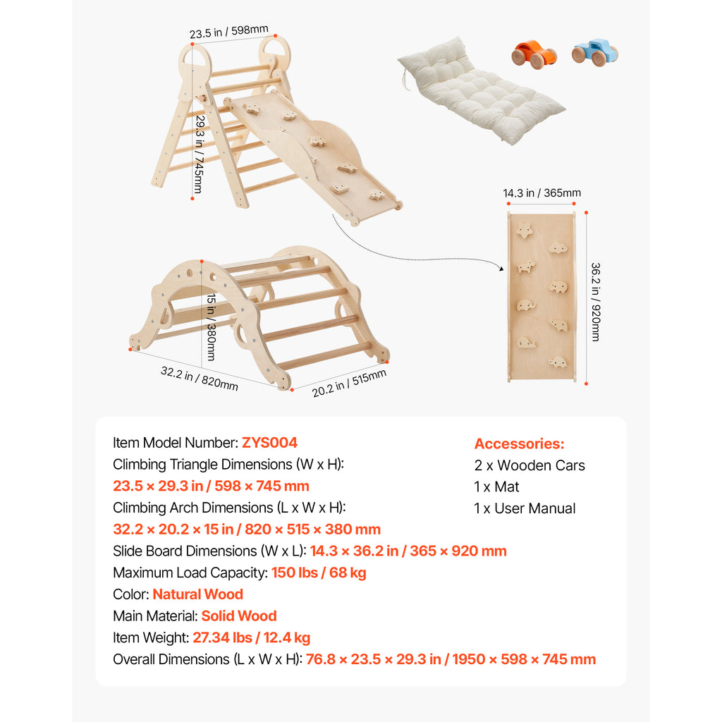 Pikler Triangle Set, 9-in-1 Toddler Climbing Toys Indoor, with 2 Wooden Cars, Cushion, Triangle, Arch, and Ramp, 150 lbs Load