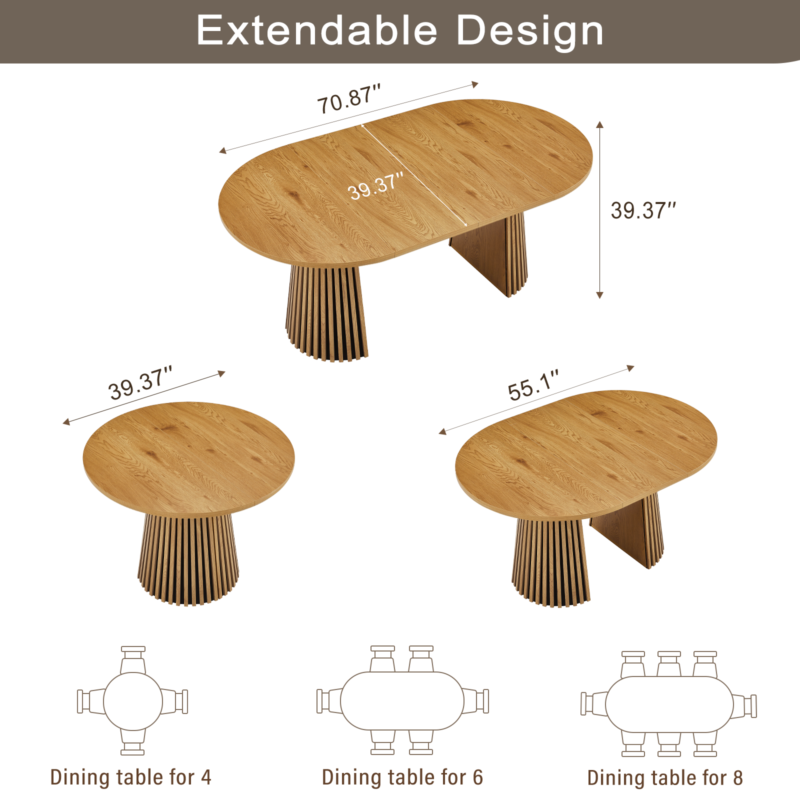 Wooden Dining Table, Flexible and Extendable, Multi-functional and Space-saving, Fashionable Oval Design and Slatted Table Legs, Tea Table or Office Desk, Beautiful and Practical - Grand Goldman Shop