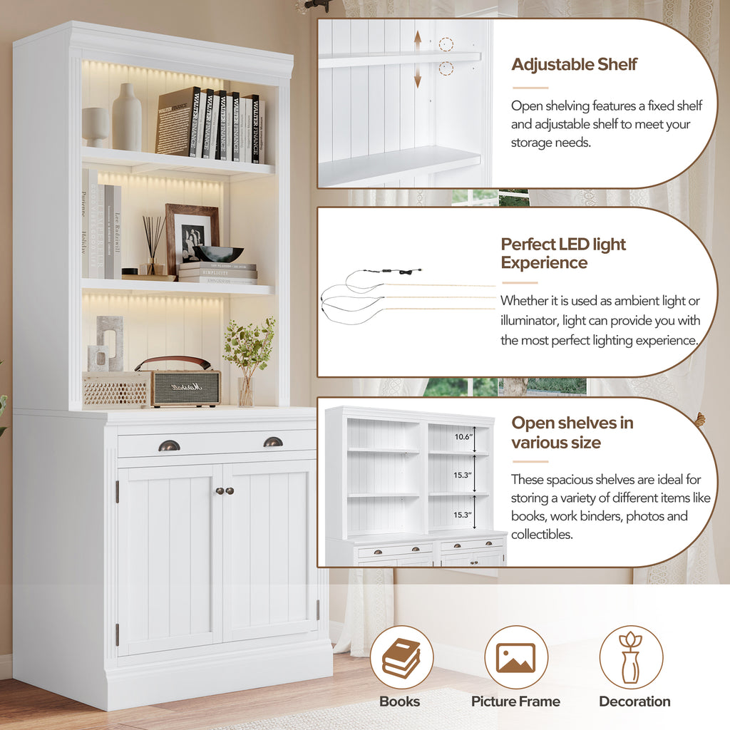 83.4'Tall Bookshelf with 3 pieces LED Lighting, Modern Bookcase with 2 Doors and 1 Drawer,Storage Bookcase with Open Shelves for Living Room,Home Office,White - Grand Goldman Shop