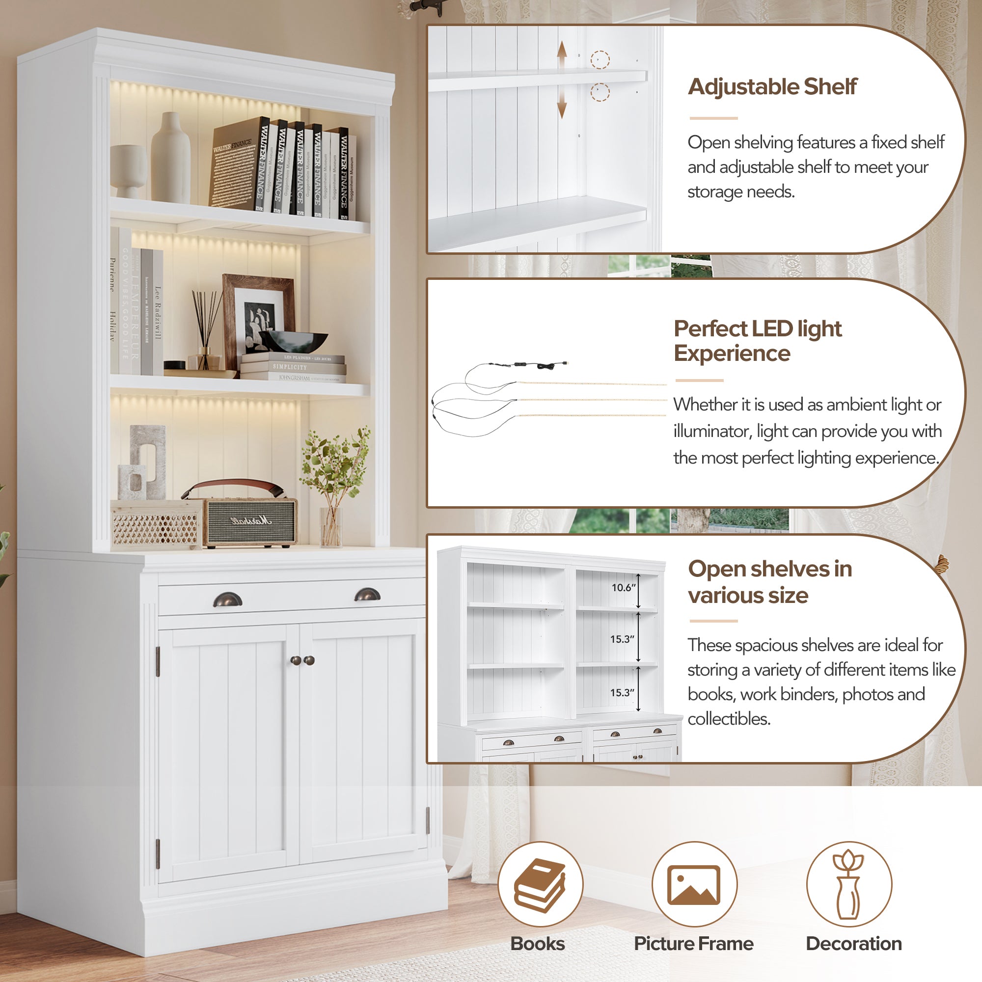 83.4'Tall Bookshelf with 3 pieces LED Lighting, Modern Bookcase with 2 Doors and 1 Drawer,Storage Bookcase with Open Shelves for Living Room,Home Office,White - Grand Goldman Shop