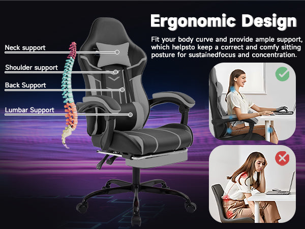 Gaming chair, Computer chair Ergonomic chair with footrest Office chair Ergonomic computer chair with lumbar backrest Blackgr