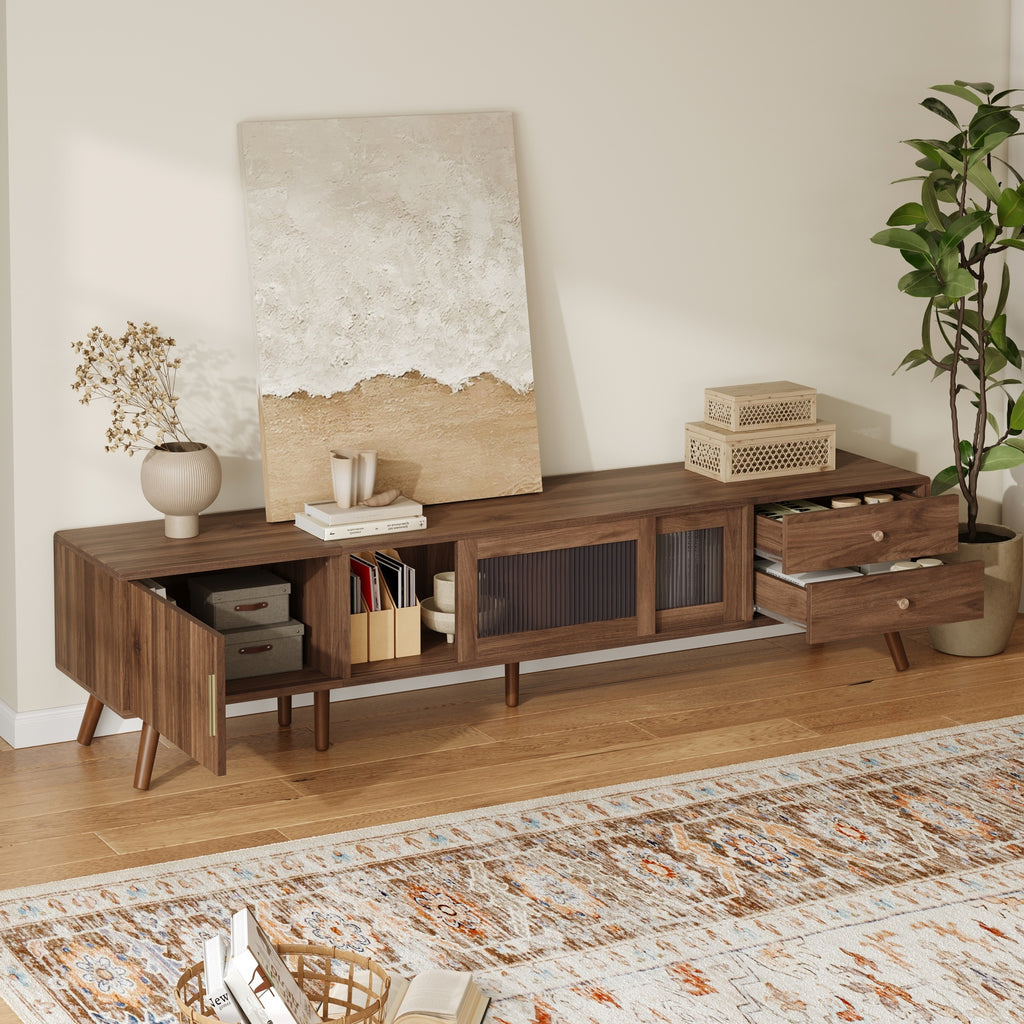 76' Modern Minimal Glass-Doors TV Stand for TVs up to 85 Inches, Wood-Grain Entertainment Center with Storage Cabinets, TV Media Console Table for Living Room, Bedroom - Grand Goldman Shop