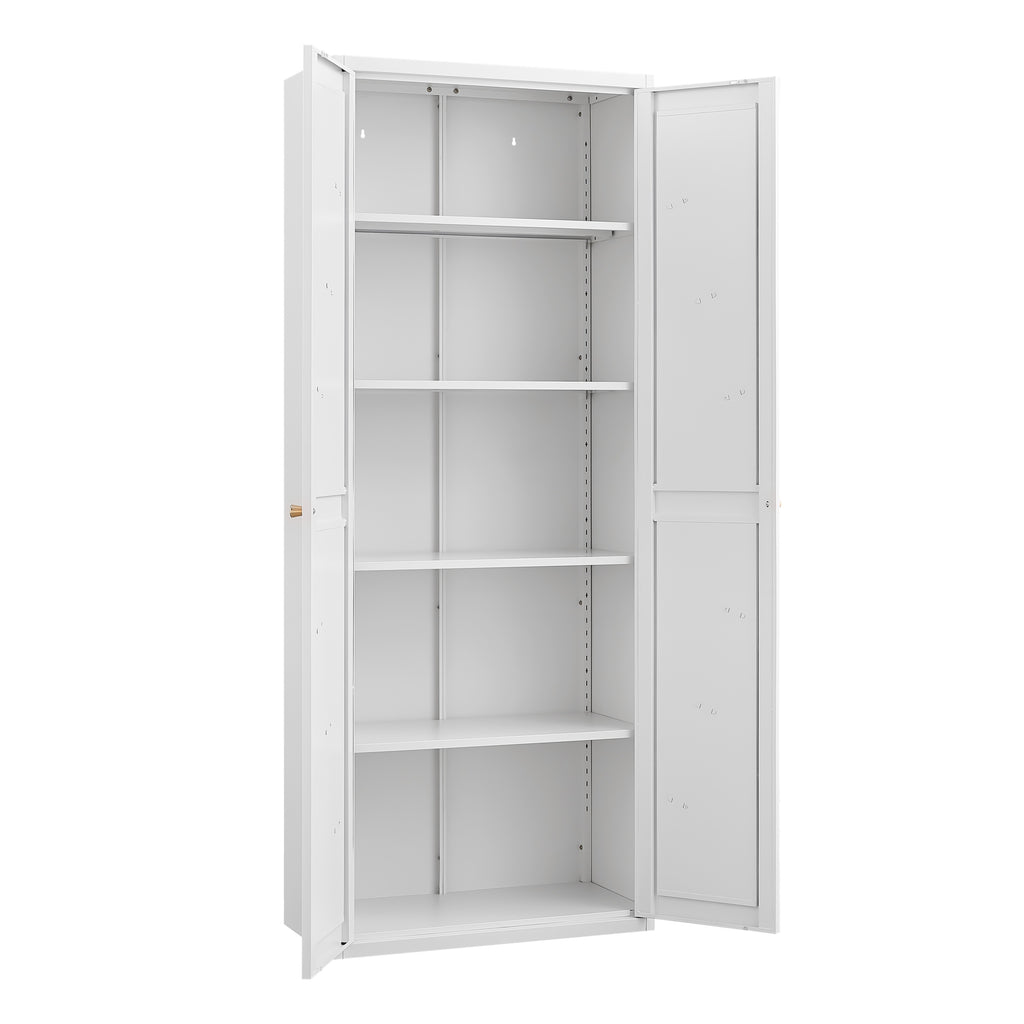 White Metal Adjustable 2-Door Storage Cabinet with Powder-Coated Steel, Tall Kitchen Pantry Cabinet with Adjustable Shelves f