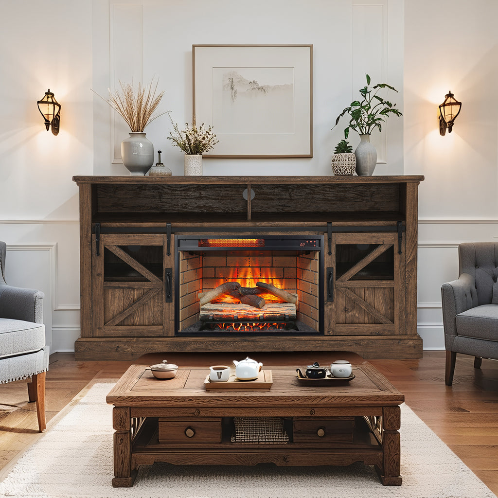 60 Inch Electric Fireplace  Entertainment Center With Door Sensor-Reclaimed Barnwood Color - Grand Goldman Shop