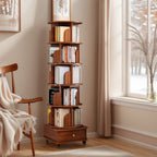 (UPGRADED) Rotating Bookshelf, 360 Display Corner Bookshelf for Small Space, 6 Tier Bookcase Storage Rack with Wheels, Wood Narrow Organizer for Bedroom, Living Room, Study Room, Walnut Brown - Grand Goldman Shop