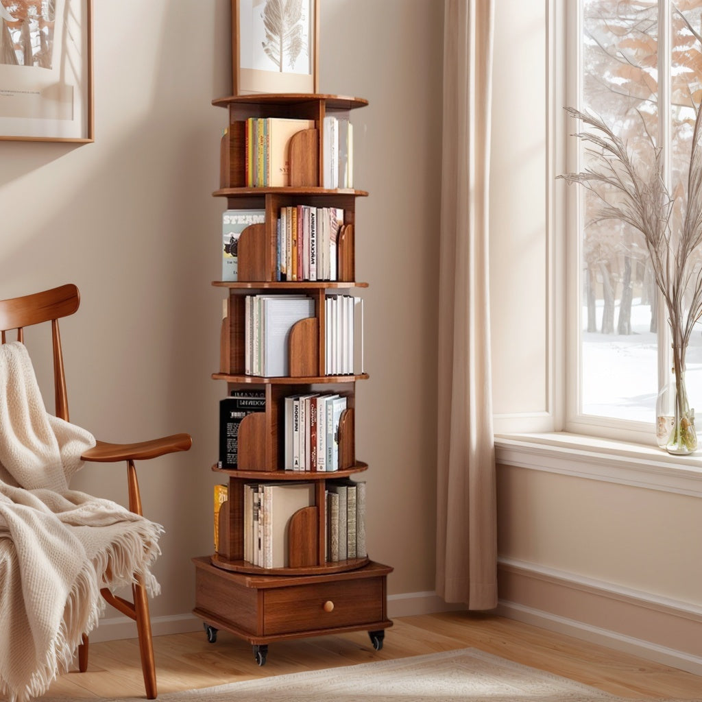 (UPGRADED) Rotating Bookshelf, 360 Display Corner Bookshelf for Small Space, 6 Tier Bookcase Storage Rack with Wheels, Wood Narrow Organizer for Bedroom, Living Room, Study Room, Walnut Brown - Grand Goldman Shop
