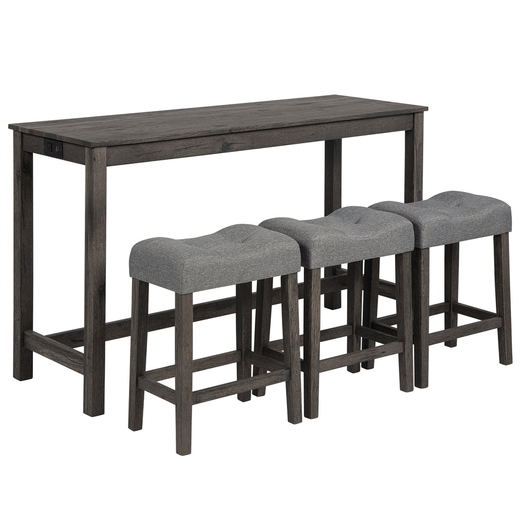 4 Piece Bar Table Set with Power Outlet, Bar Table Set with Chairs, Sofa Bar Table with Stools, Behind Couch Table with 3 Padded Stools, for Living Room, Dining room, Dark Gray - Grand Goldman Shop