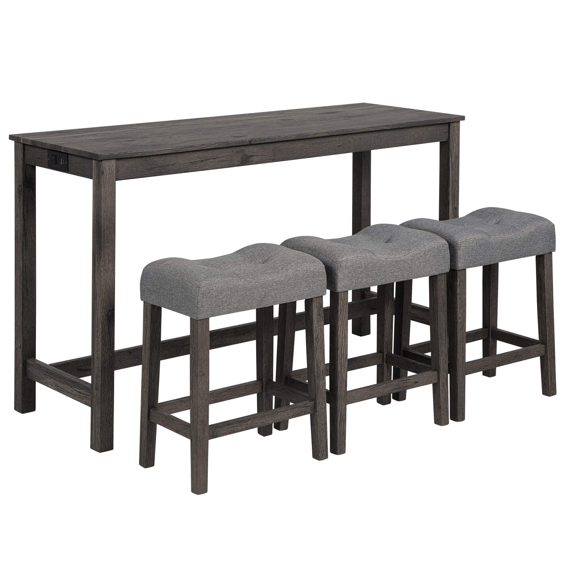 4 Piece Bar Table Set with Power Outlet, Bar Table Set with Chairs, Sofa Bar Table with Stools, Behind Couch Table with 3 Padded Stools, for Living Room, Dining room, Dark Gray - Grand Goldman Shop