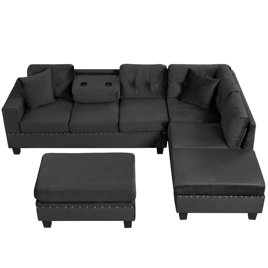 Modern Sectional Sofa with Storage Ottoman, L-Shape Couch with 2 Pillows and Cup Holders, Black Velvet, 105' - Grand Goldman Shop