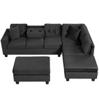Modern Sectional Sofa with Storage Ottoman, L-Shape Couch with 2 Pillows and Cup Holders, Black Velvet, 105' - Grand Goldman Shop