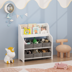 Kids Bookshelf with 6 Fabric Storage Bins, Multi-Functional Children's Bookcase and Toy Organizer, Front-Facing Display Shelf