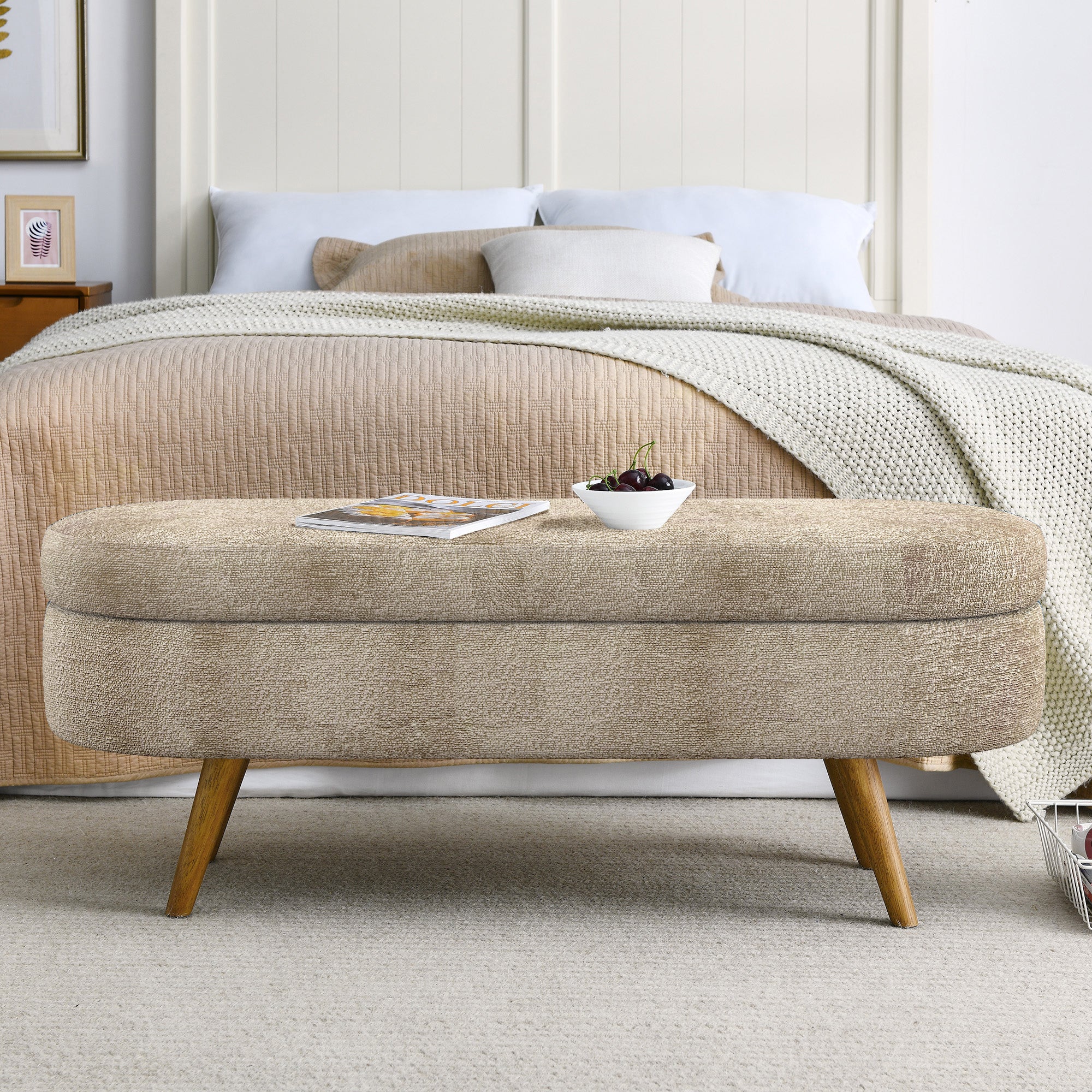 Ottoman Oval Storage Bench with Rubber Wood Legs, Gray Fabric, 43.5'x16'x16' - Grand Goldman Shop