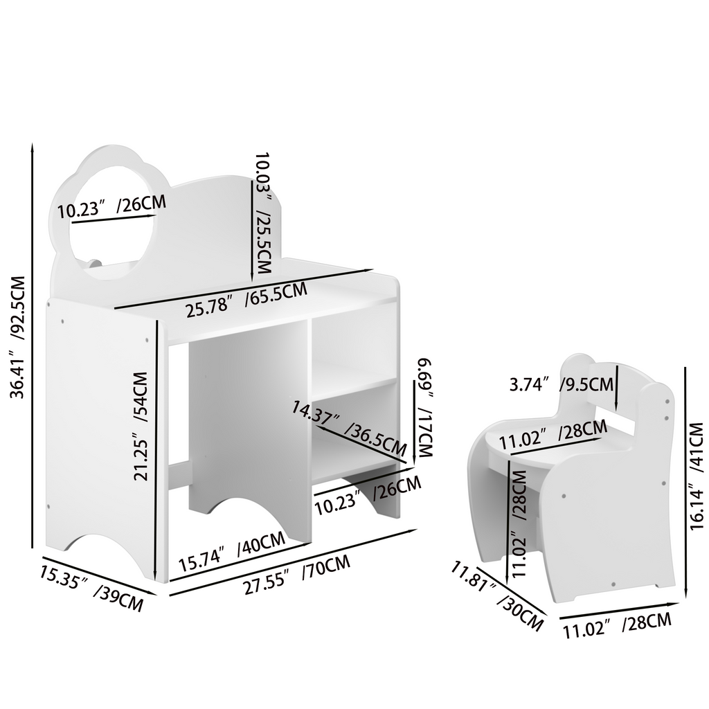 Kids Vanity Table with Mirror and Chair, Wooden Children's Dressing Makeup Desk with Storage Shelves, Study and Activity Tabl