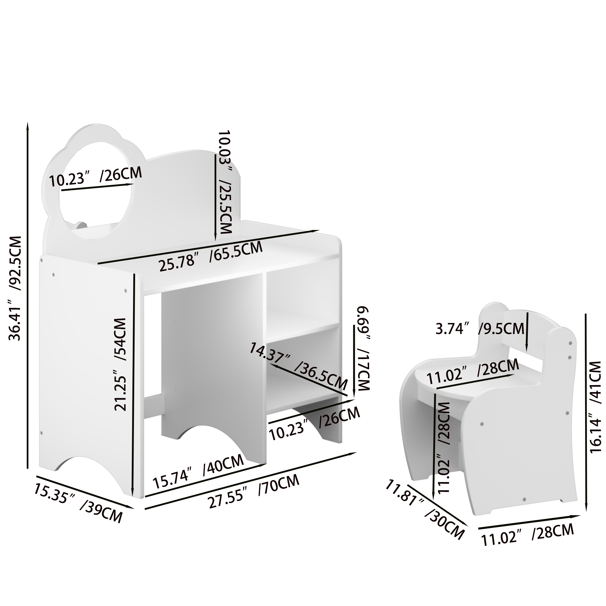 Kids Vanity Table with Mirror and Chair, Wooden Children's Dressing Makeup Desk with Storage Shelves, Study and Activity Tabl
