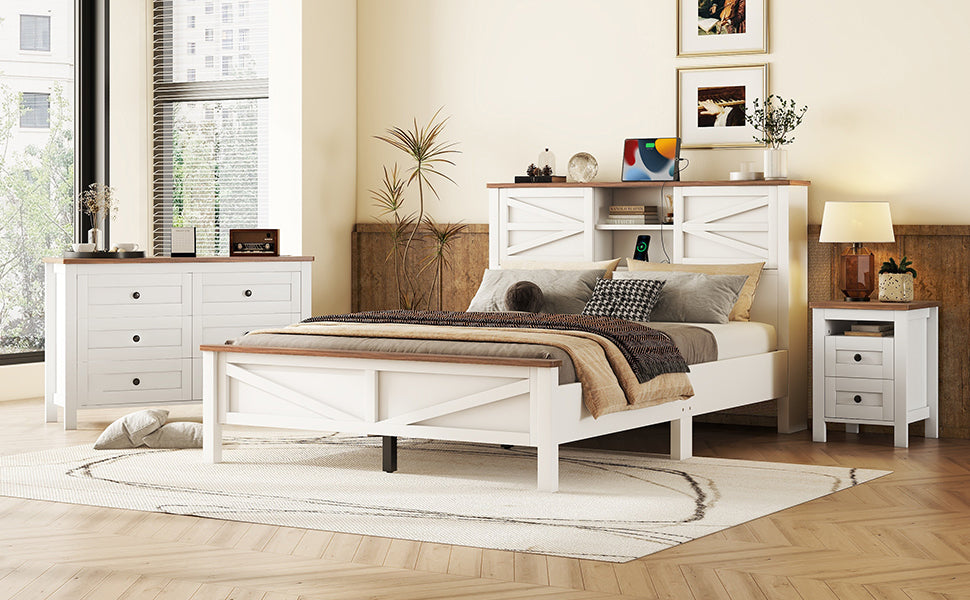3-Pieces Bedroom Sets Queen Size  Farmhouse Platform Bed with Double Sliding Door Storage Headboard, Storage Nightstand and Dresser, White+Brown(Old SKU HL000092AAK) - Grand Goldman Shop