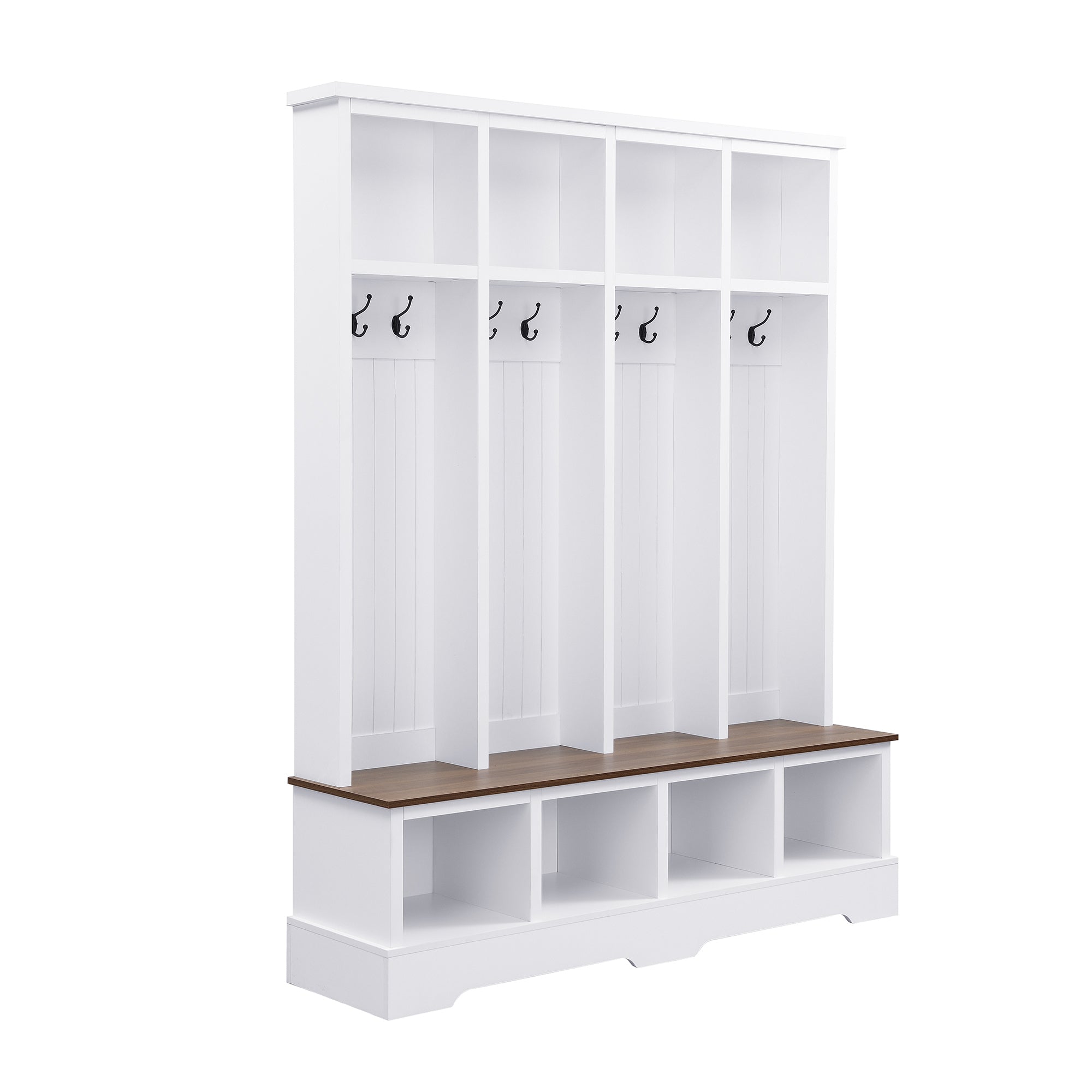 Farmhouse Hall Tree with 8 Hooks, Practical Entryway Bench with Open Compartments, 76.7'H Modern 3-in-1 Wooden Style Coat and Shoe Rack for Mudroom, Living Room, White (OLD SKU: N721P292601K) - Grand Goldman Shop