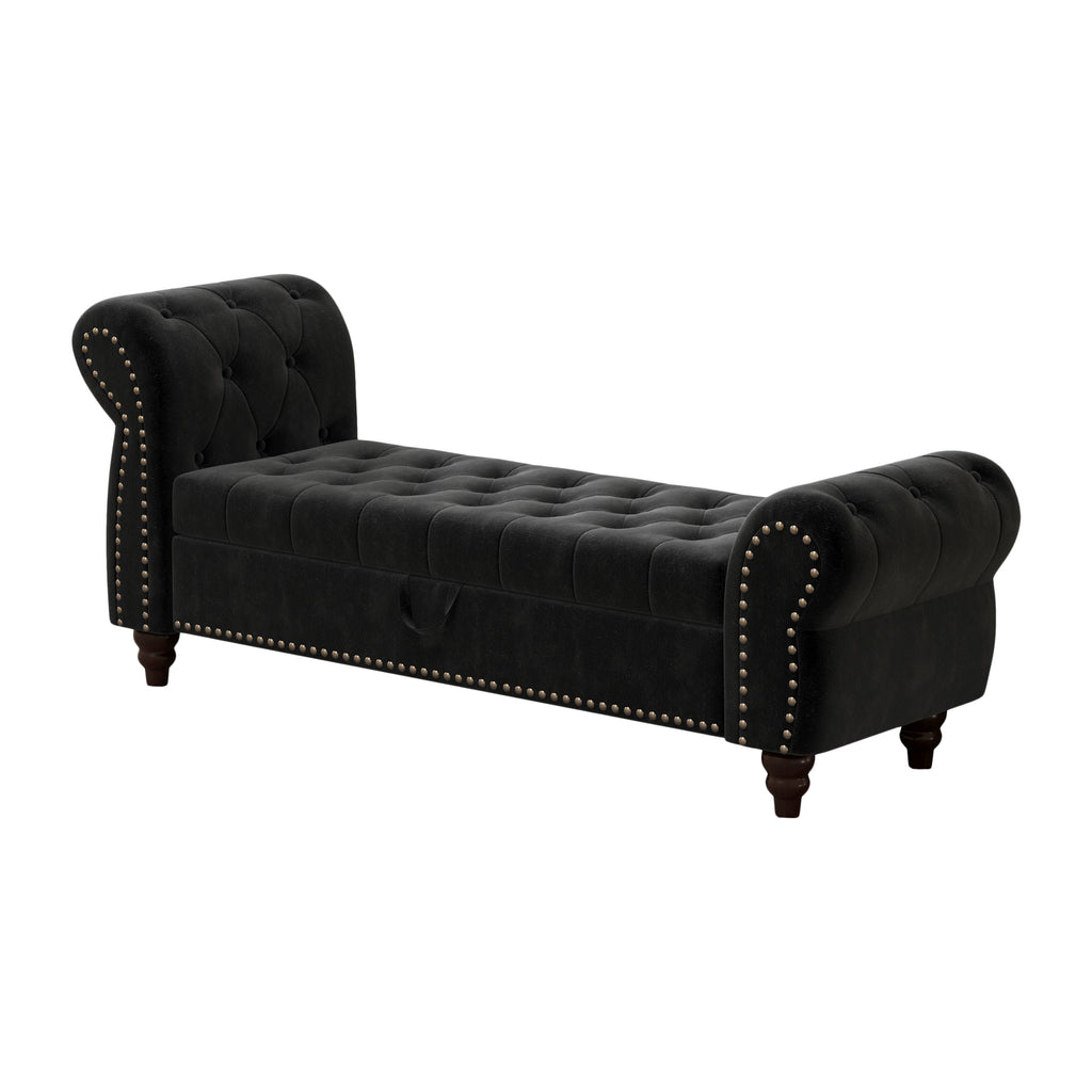 64.5' Bed Bench for Bed Room Nails Tufted Chaise of Lounge with Storage Velvet Upholstery Black - Grand Goldman Shop