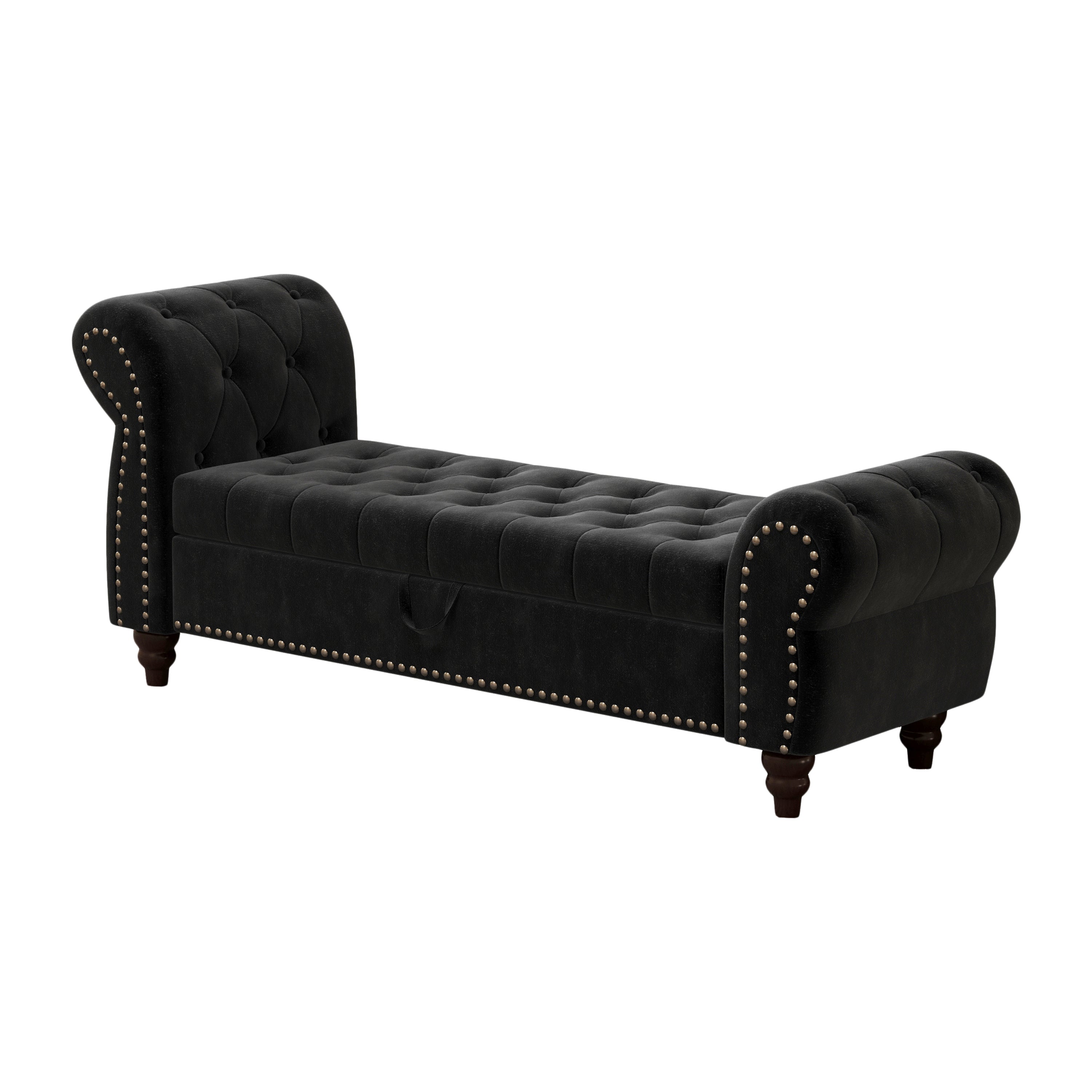 64.5' Bed Bench for Bed Room Nails Tufted Chaise of Lounge with Storage Velvet Upholstery Black - Grand Goldman Shop