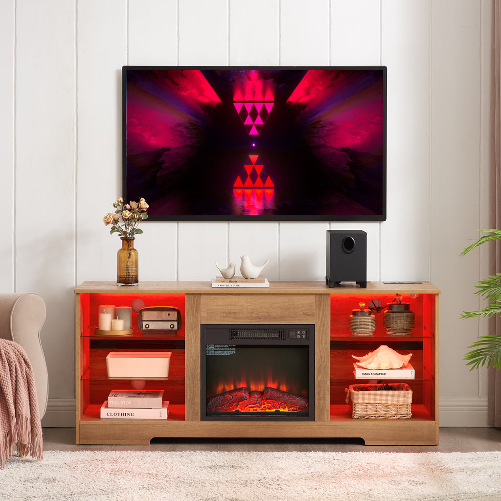 TV Stand Electric Fireplace  Glass Shelves, 3D Fireplace TV Stand with LED Lights Wood with USB Charging Outlet Modern Television Table Center for TV up to 62' OAK 58''W*15.4''D*24.6 - Grand Goldman Shop