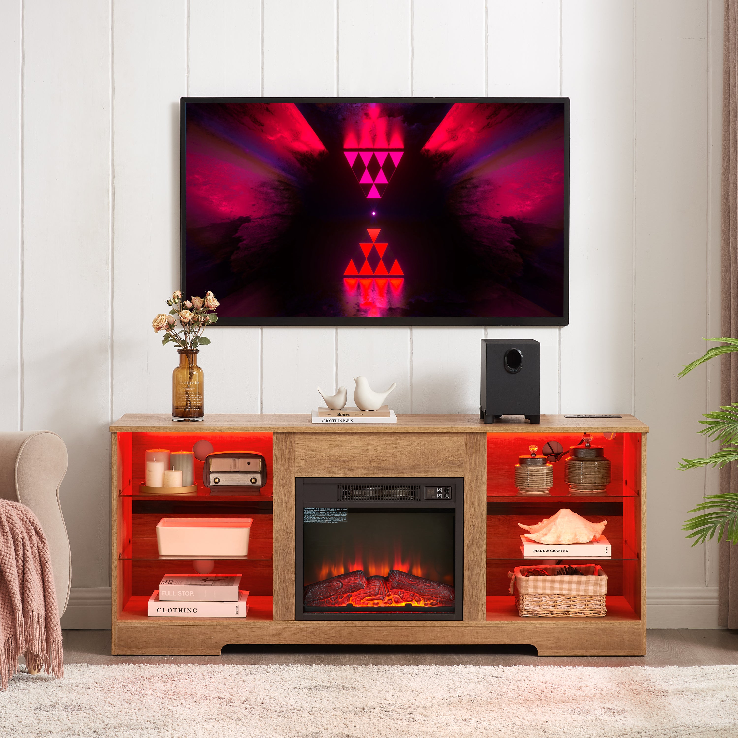 TV Stand Electric Fireplace  Glass Shelves, 3D Fireplace TV Stand with LED Lights Wood with USB Charging Outlet Modern Television Table Center for TV up to 62' OAK 58''W*15.4''D*24.6 - Grand Goldman Shop