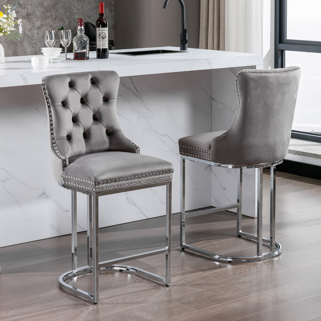 26' Counter Height Bar Stools Set of 2, Modern Velvet Barstools with Button Back&Rivet Trim Upholstered Kitchen Island Chairs with Sturdy Chromed Metal Base Legs Farmhouse Bar Stools, (Gray,2 Pack) - Grand Goldman Shop