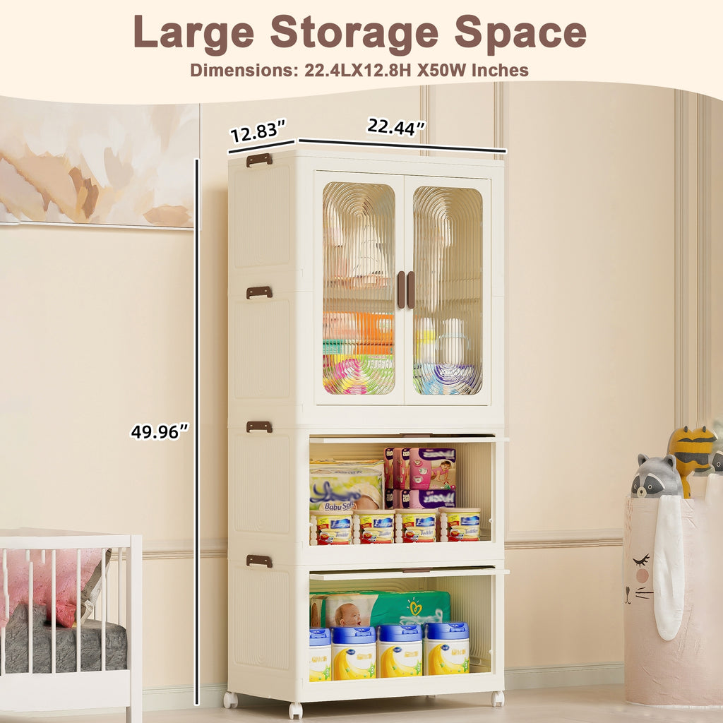 Portable Wardrobe Closet Storage Organizer with Magnetic Doors and Hanging Rod, Cream White - Grand Goldman Shop