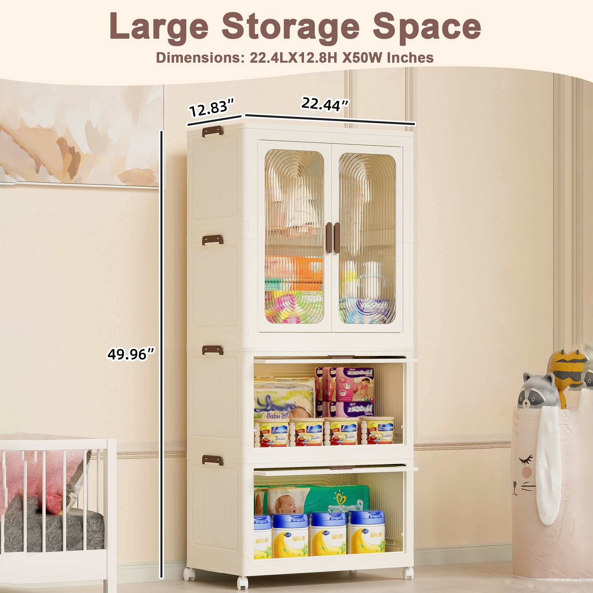 Portable Wardrobe Closet Storage Organizer with Magnetic Doors and Hanging Rod, Cream White - Grand Goldman Shop