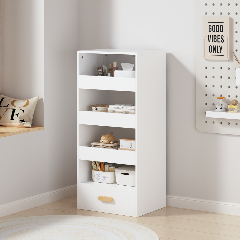4-Tier Freestanding Bookshelf with 3 Sliding Drawers and 1 Bottom Drawer in White, Engineered Wood - Shop Quality Furniture a