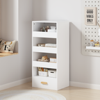 4-Tier Freestanding Bookshelf with 3 Sliding Drawers and 1 Bottom Drawer in White, Engineered Wood - Shop Quality Furniture a