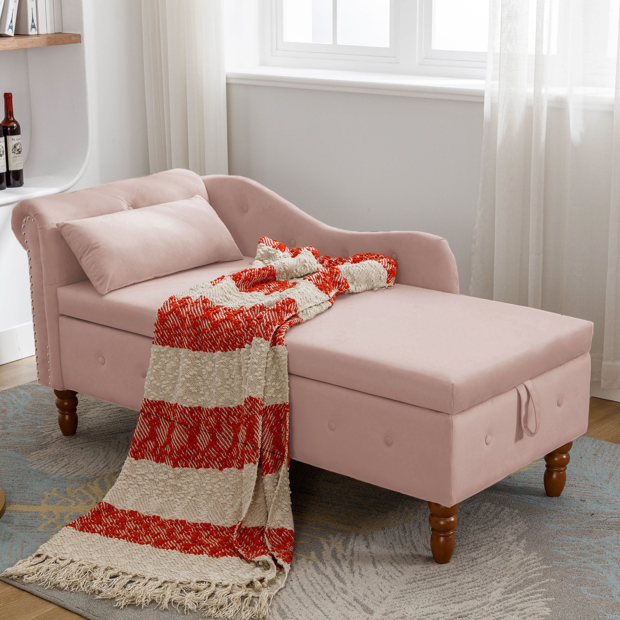 Pink Chaise Lounge Indoor, Velvet Lounge Chair for Bedroom with Storage & Pillow, Modern Upholstered Rolled Arm Chase Lounge for Sleeping with Nailhead Trim for Living Room Bedroom Office - Grand Goldman Shop