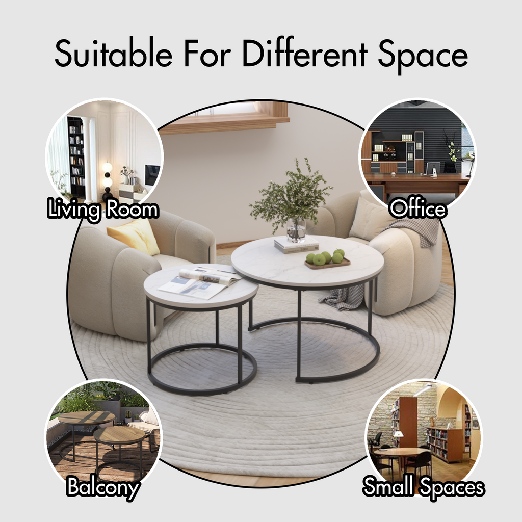 Nesting Coffee Table Set of 2, 27.6inch Round Wood Marble Pattern Top with Sturdy Metal Frame, White Living Room End Tables for Bedroom Balcony Yard - Grand Goldman Shop