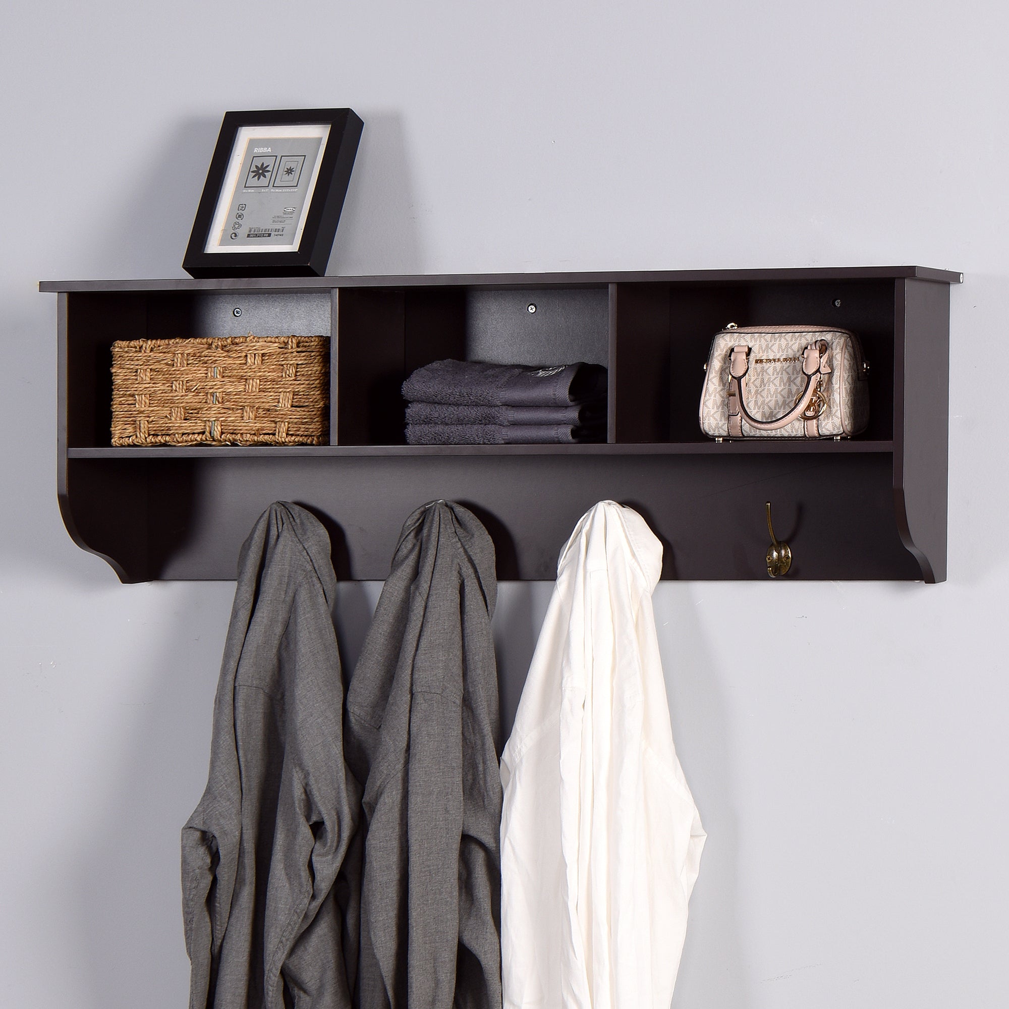 Espresso Entryway Wall Mounted Coat Rack with 4 Dual Hooks Living Room Wooden Storage Shelf - Grand Goldman Shop