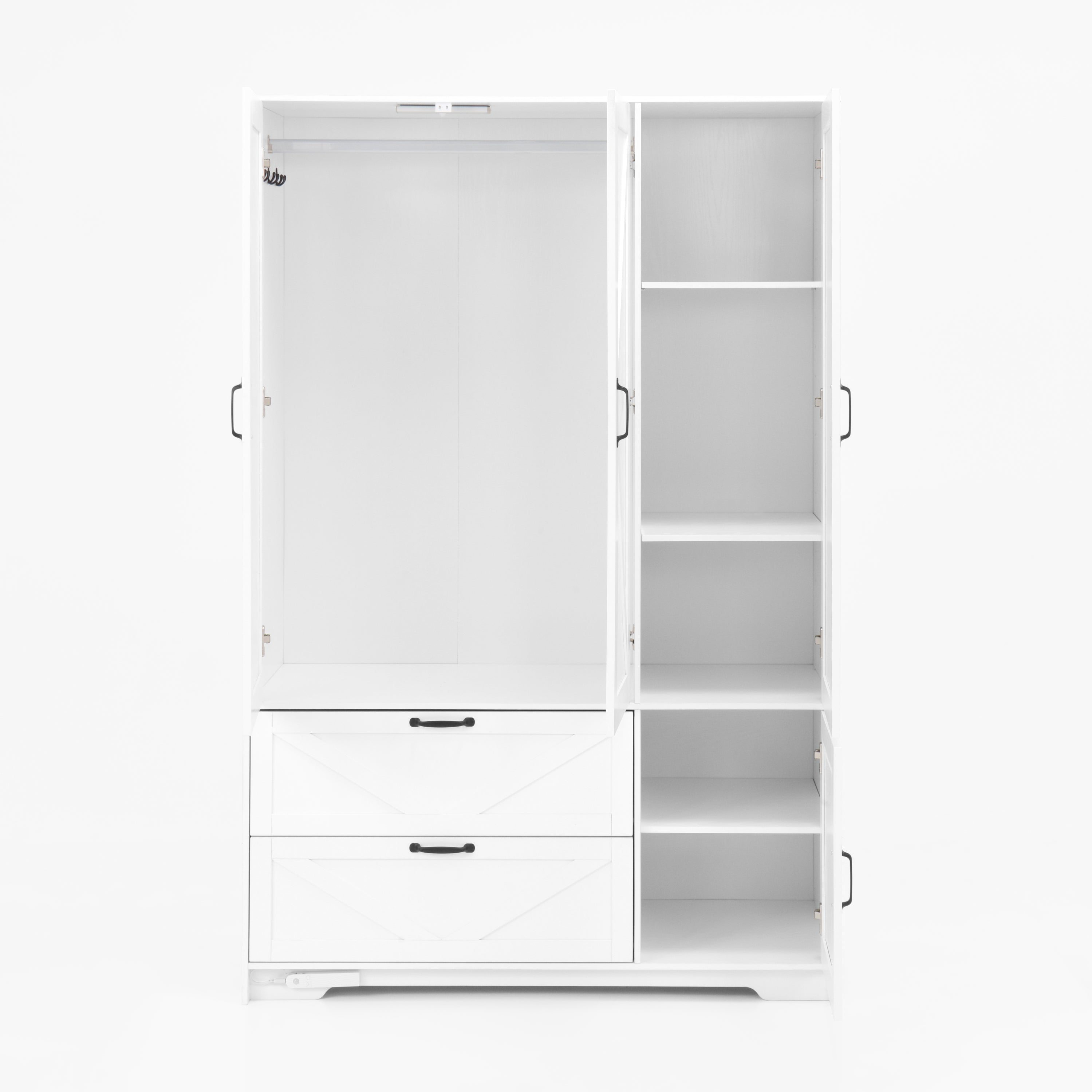 4 Doors Wardrobe Closet with Mirror, LED Wardrobe with Doors and 2 Drawers, Wooden Wardrobe Storage Cabinet with Hanging Rod, Adjustable Shelves, White - Grand Goldman Shop