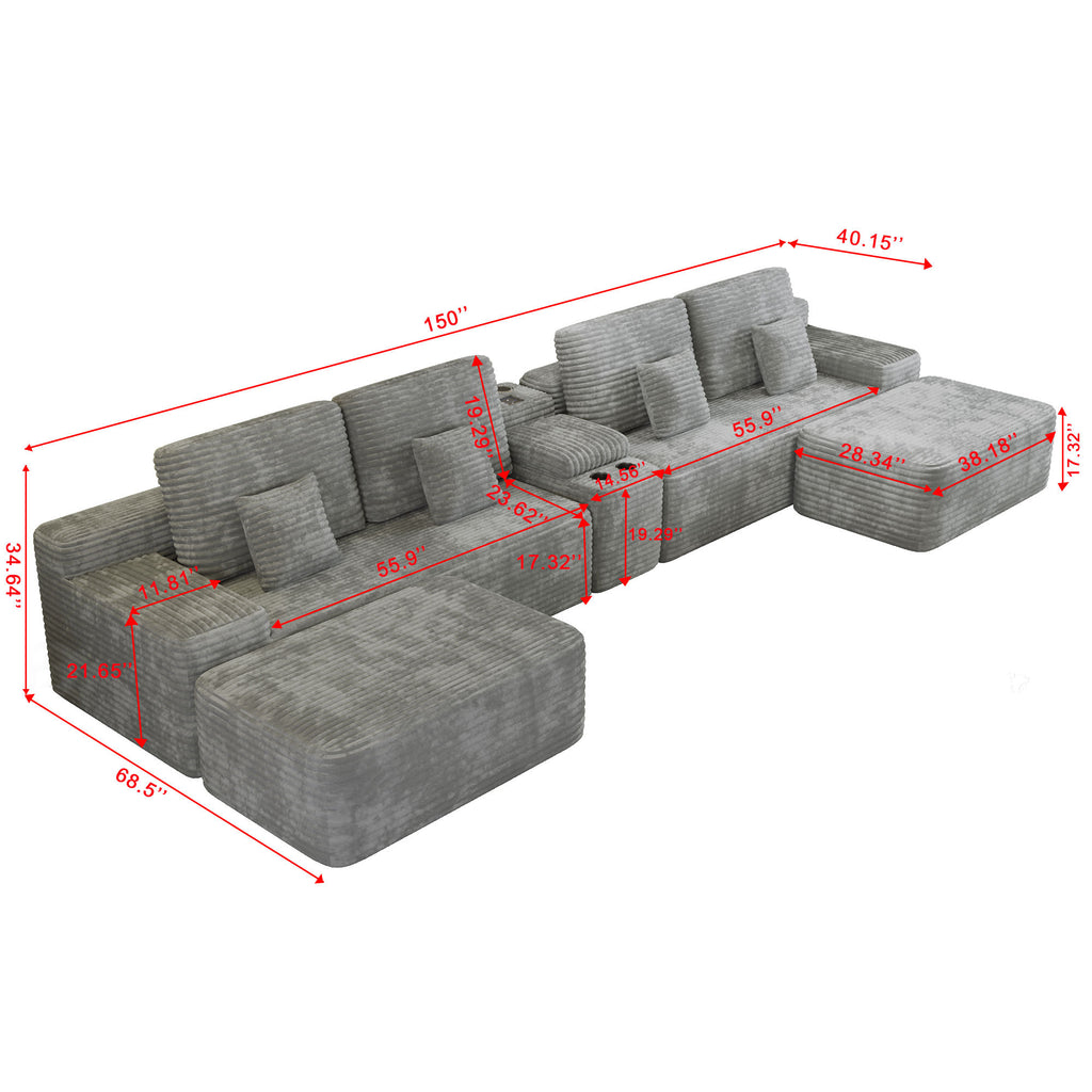 150''Width 5-piece Sectional Sofa with 2 Ottomans,Comfy U-shaped Sofa Couch for Living Room,Light Grey Plush Corduroy Fabric - Grand Goldman Shop