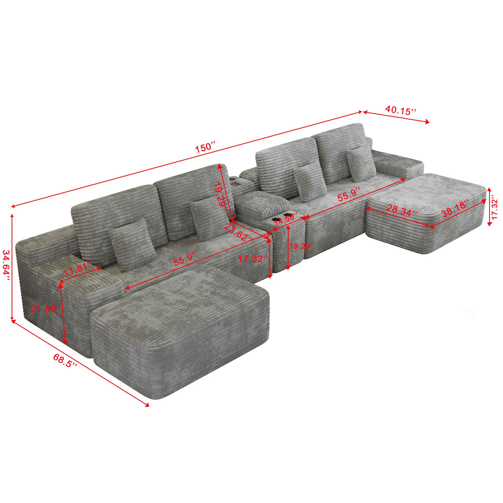 150''Width 5-piece Sectional Sofa with 2 Ottomans,Comfy U-shaped Sofa Couch for Living Room,Light Grey Plush Corduroy Fabric - Grand Goldman Shop