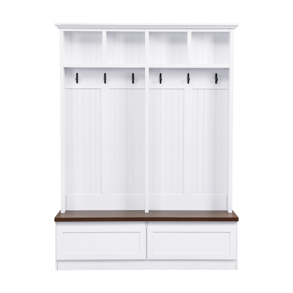 Farmhouse 4-in-1 Hall Tree with Wood Grain Bench, Mudroom Versatile Coat Rack with 2 Large Drawer, Entrance Organizer for Hallway, Living Room, White, 55.9'W (OLD SKU: N721P313099K) - Grand Goldman Shop